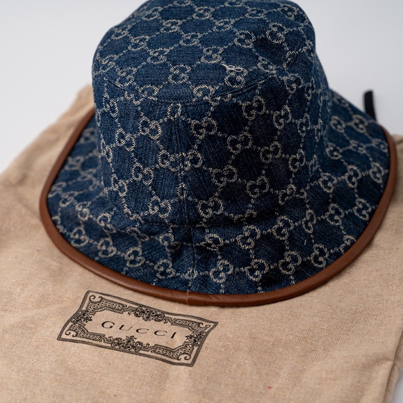 size M - Gucci Blue Denim Bucket Hat GG Monogram Washed Jacquard Leather brim - Picture 7 of 7